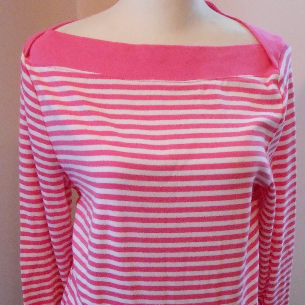 Chap's Women's Petite Pink & White Striped Long Sleeve Boat Neck Pullover Top-PL
